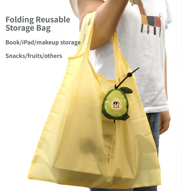 Portable Cute Avocado Corduroy Storage Pouch with Zipper and Hidden Folding Shopping Bag - Lightweight Reusable Eco Grocery Tote Bag with Fruit Charm for Shopping, Travel, Books, iPad and Daily Essentials