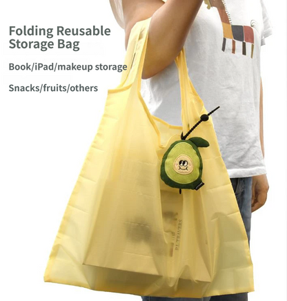 Portable Cute Avocado Corduroy Storage Pouch with Zipper and Hidden Folding Shopping Bag - Lightweight Reusable Eco Grocery Tote Bag with Fruit Charm for Shopping, Travel, Books, iPad and Daily Essentials