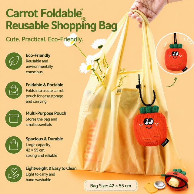 Portable Carrot Lemon Corduroy Storage Pouch with Zipper and Hidden Folding Shopping Bag - Lightweight Reusable Eco Grocery Tote Bag with Fruit Charm for Shopping, Travel, Books, iPad and Daily Essentials