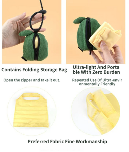 Portable Carrot Lemon Corduroy Storage Pouch with Zipper and Hidden Folding Shopping Bag - Lightweight Reusable Eco Grocery Tote Bag with Fruit Charm for Shopping, Travel, Books, iPad and Daily Essentials