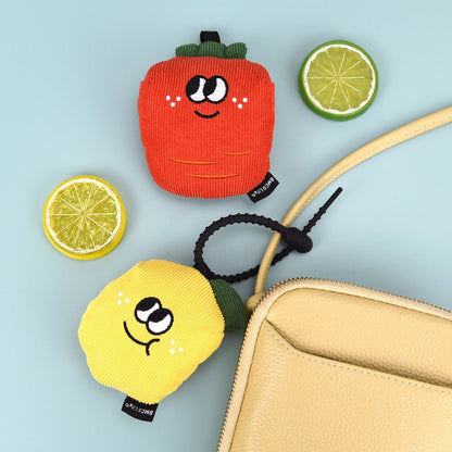 Portable Carrot Lemon Corduroy Storage Pouch with Zipper and Hidden Folding Shopping Bag - Lightweight Reusable Eco Grocery Tote Bag with Fruit Charm for Shopping, Travel, Books, iPad and Daily Essentials