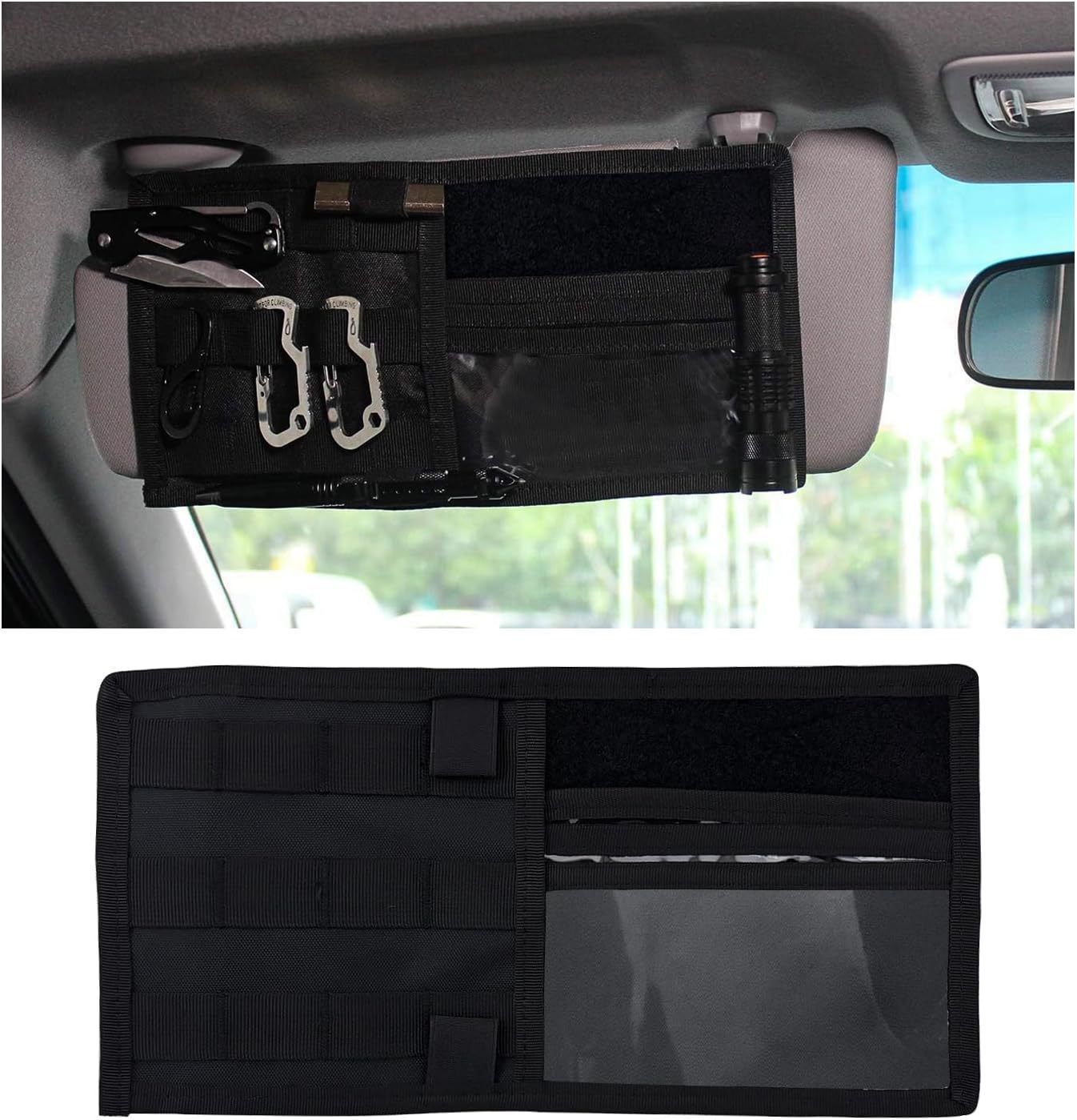 Black Tactical Molle Car Sun Visor Organizer Panel â€“ Durable Nylon Vehicle Storage Pouch with Adjustable Buckle, Loop Panelled EDC Pockets and Pen Sheath for Cars, Trucks, SUVs and Daily Driving Essentials