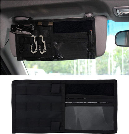 Black Tactical Molle Car Sun Visor Organizer Panel â€“ Durable Nylon Vehicle Storage Pouch with Adjustable Buckle, Loop Panelled EDC Pockets and Pen Sheath for Cars, Trucks, SUVs and Daily Driving Essentials