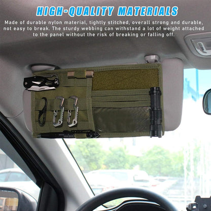 Black Tactical Molle Car Sun Visor Organizer Panel â€“ Durable Nylon Vehicle Storage Pouch with Adjustable Buckle, Loop Panelled EDC Pockets and Pen Sheath for Cars, Trucks, SUVs and Daily Driving Essentials
