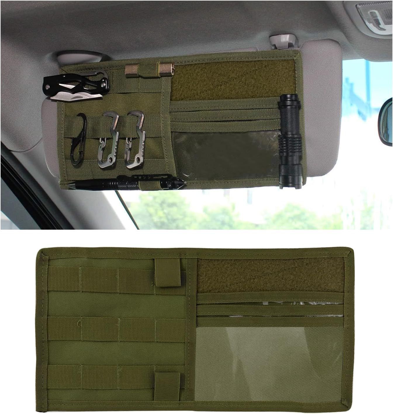 Navy Green Tactical Molle Car Sun Visor Organizer â€“ Durable Nylon Vehicle Storage Pouch with Adjustable Buckle, Loop Panelled EDC Pockets and Pen Sheath for Cars, Trucks, SUVs and Daily Driving Essentials