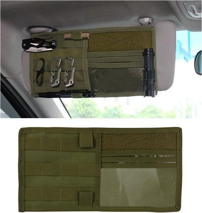 Navy Green Tactical Molle Car Sun Visor Organizer â€“ Durable Nylon Vehicle Storage Pouch with Adjustable Buckle, Loop Panelled EDC Pockets and Pen Sheath for Cars, Trucks, SUVs and Daily Driving Essentials