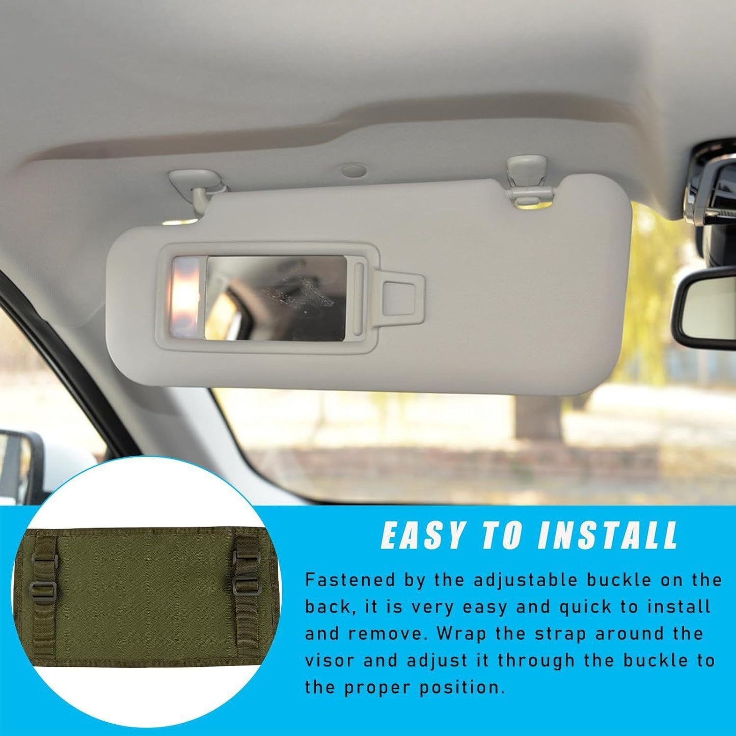 Navy Green Tactical Molle Car Sun Visor Organizer â€“ Durable Nylon Vehicle Storage Pouch with Adjustable Buckle, Loop Panelled EDC Pockets and Pen Sheath for Cars, Trucks, SUVs and Daily Driving Essentials
