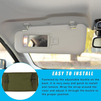 Navy Green Tactical Molle Car Sun Visor Organizer â€“ Durable Nylon Vehicle Storage Pouch with Adjustable Buckle, Loop Panelled EDC Pockets and Pen Sheath for Cars, Trucks, SUVs and Daily Driving Essentials