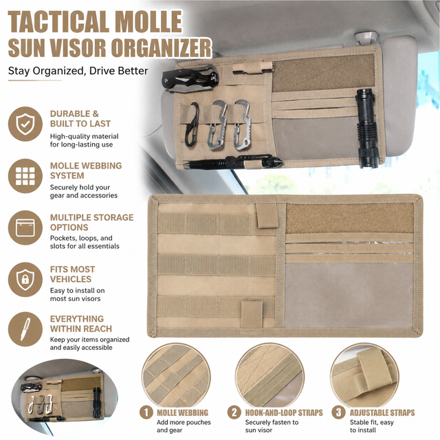Khaki Tactical Molle Car Sun Visor Organizer â€“ Durable Nylon Vehicle Storage Pouch with Adjustable Buckle, Loop Panelled EDC Pockets and Pen Sheath for Cars, Trucks, SUVs and Daily Driving Essentials