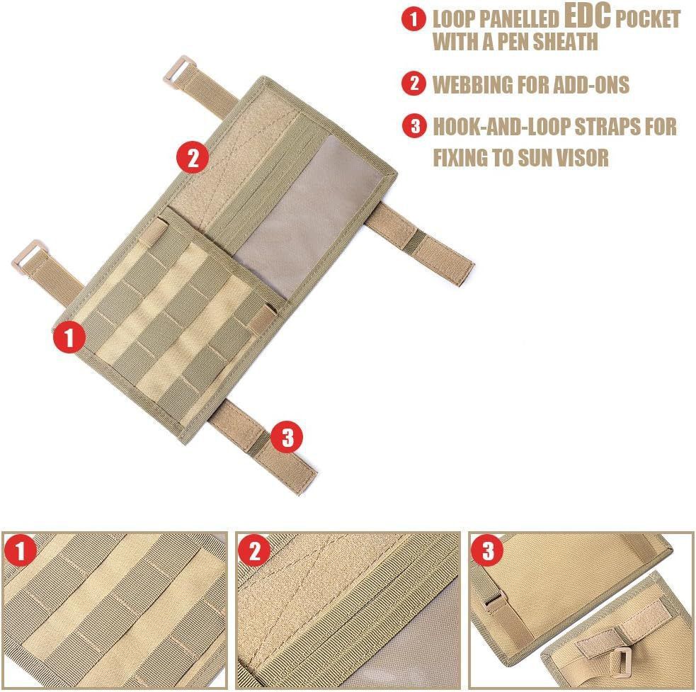 Khaki Tactical Molle Car Sun Visor Organizer â€“ Durable Nylon Vehicle Storage Pouch with Adjustable Buckle, Loop Panelled EDC Pockets and Pen Sheath for Cars, Trucks, SUVs and Daily Driving Essentials
