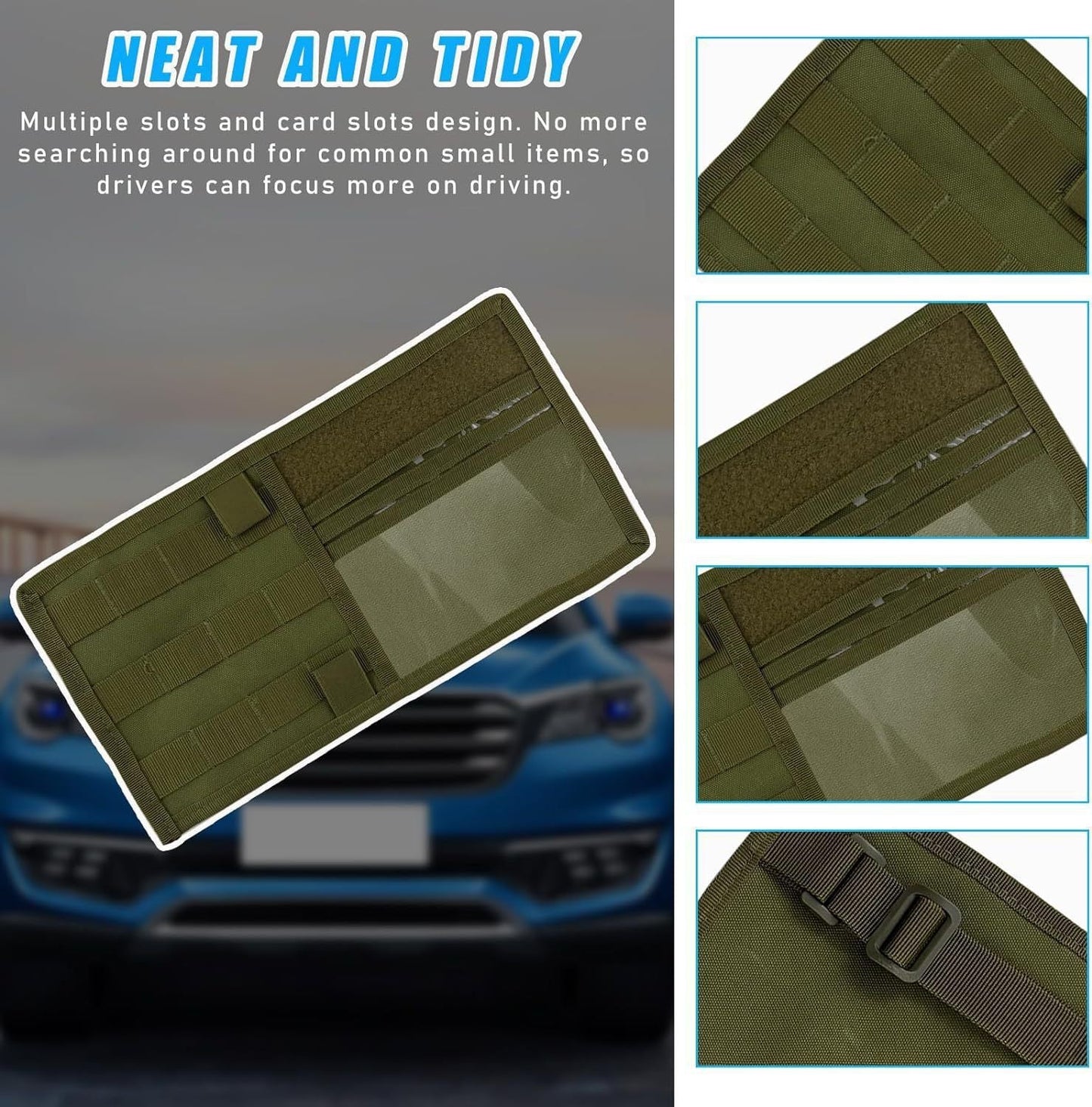 Khaki Tactical Molle Car Sun Visor Organizer â€“ Durable Nylon Vehicle Storage Pouch with Adjustable Buckle, Loop Panelled EDC Pockets and Pen Sheath for Cars, Trucks, SUVs and Daily Driving Essentials