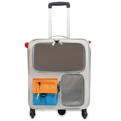 Orange and Grey Large Space Pet Carrier Trolley â€“ Foldable Cat Carrier Backpack with Breathable Side Mesh & View Window, Silent Rolling Wheels, Storage Pocket and Removable Bottom Pad for Dog and Cat, 42 x 36 x 27CM