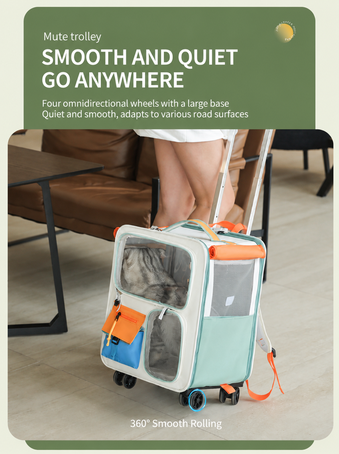 Orange and Grey Large Space Pet Carrier Trolley â€“ Foldable Cat Carrier Backpack with Breathable Side Mesh & View Window, Silent Rolling Wheels, Storage Pocket and Removable Bottom Pad for Dog and Cat, 42 x 36 x 27CM