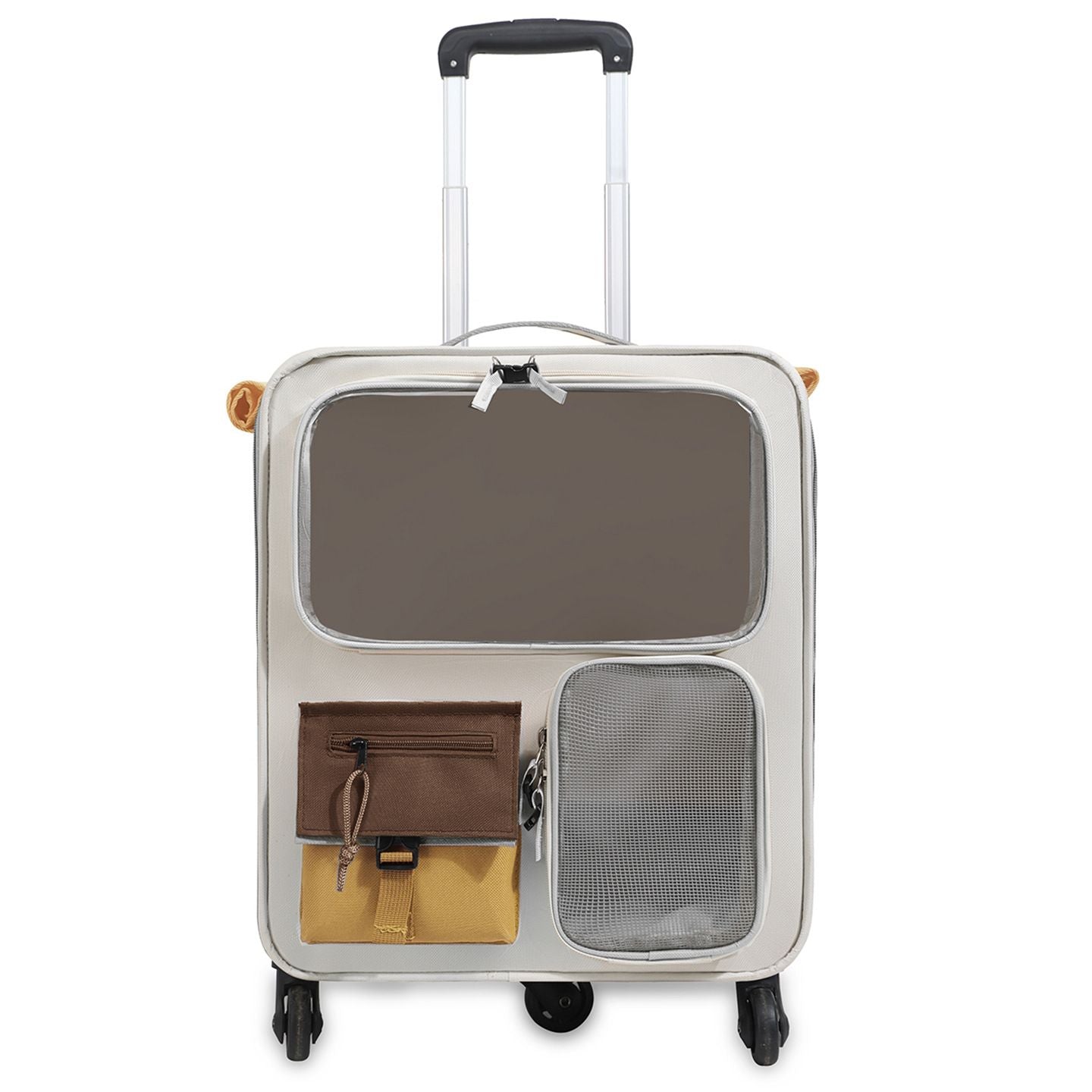 Brown and Grey Large Space Pet Carrier Trolley â€“ Foldable Cat Carrier Backpack with Breathable Side Mesh & View Window, Silent Rolling Wheels, Storage Pocket and Removable Bottom Pad for Dog and Cat, 42 x 36 x 27CM