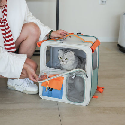 Brown and Grey Large Space Pet Carrier Trolley â€“ Foldable Cat Carrier Backpack with Breathable Side Mesh & View Window, Silent Rolling Wheels, Storage Pocket and Removable Bottom Pad for Dog and Cat, 42 x 36 x 27CM