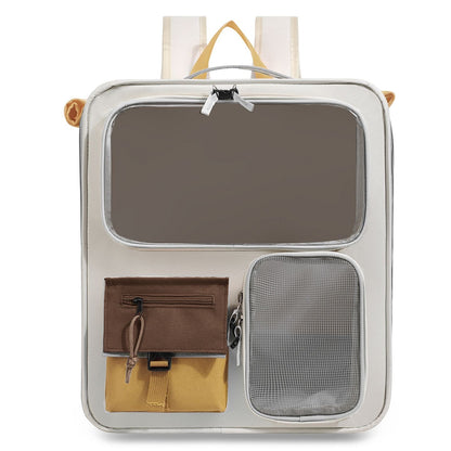 Brown and Grey Large Space Pet Carrier Backpack â€“ Foldable Cat Carrier Bag with Breathable Side Mesh & View Window, Storage Pocket and Removable Bottom Pad for Dog and Cat, 42 x 36 x 27CM