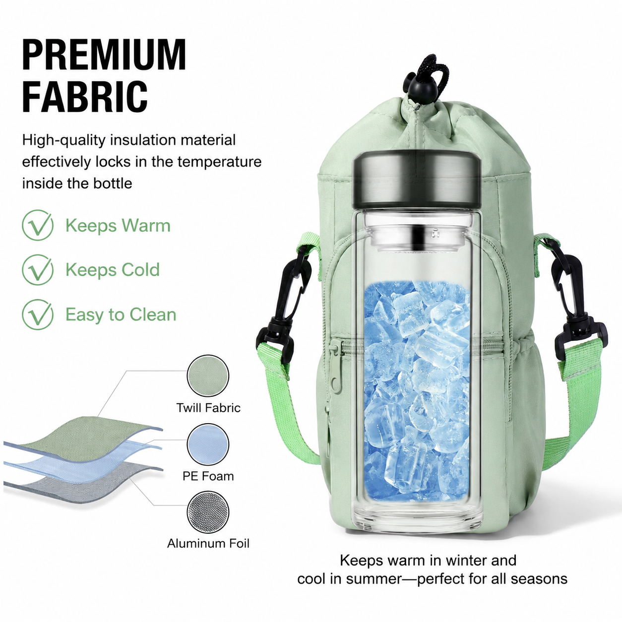 2-Pack Green Muti-Pockets Insulated Water Bottle Holder and Adjustable Phone Crossbody Bag â€“ 40oz Bottle Large Waterproof Cooler Sling Bag with Drawstring Closure and PE Cotton and Aluminium Foil Lining