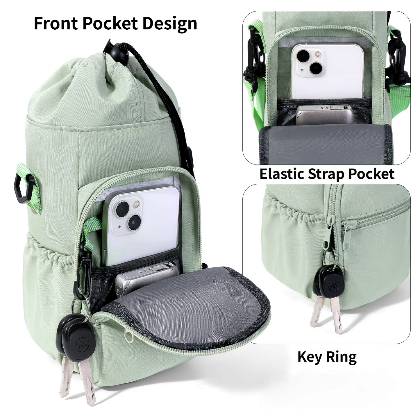 2-Pack Pink Muti-Pockets Insulated Water Bottle Holder and Adjustable Phone Crossbody Bag â€“ 40oz Bottle Large Waterproof Cooler Sling Bag with Drawstring Closure and PE Cotton and Aluminium Foil Lining