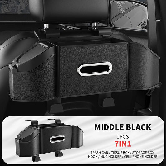 Middle Black Multifunctional Car Seat Back Storage Boxand Trash Can â€“ PVC Leather Vehicle Hanging Organizer with Tissue Box Holder, Cup Holder, Phone Stand and Dual Hooks for Tidy Daily Commuting & Road Trip