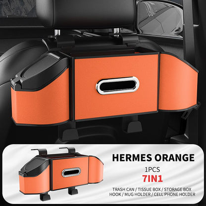 Hermes Orange Multifunctional Car Seat Back Storage Boxand Trash Can â€“ PVC Leather Vehicle Hanging Organizer with Tissue Box Holder, Cup Holder, Phone Stand and Dual Hooks for Tidy Daily Commuting & Road Trip