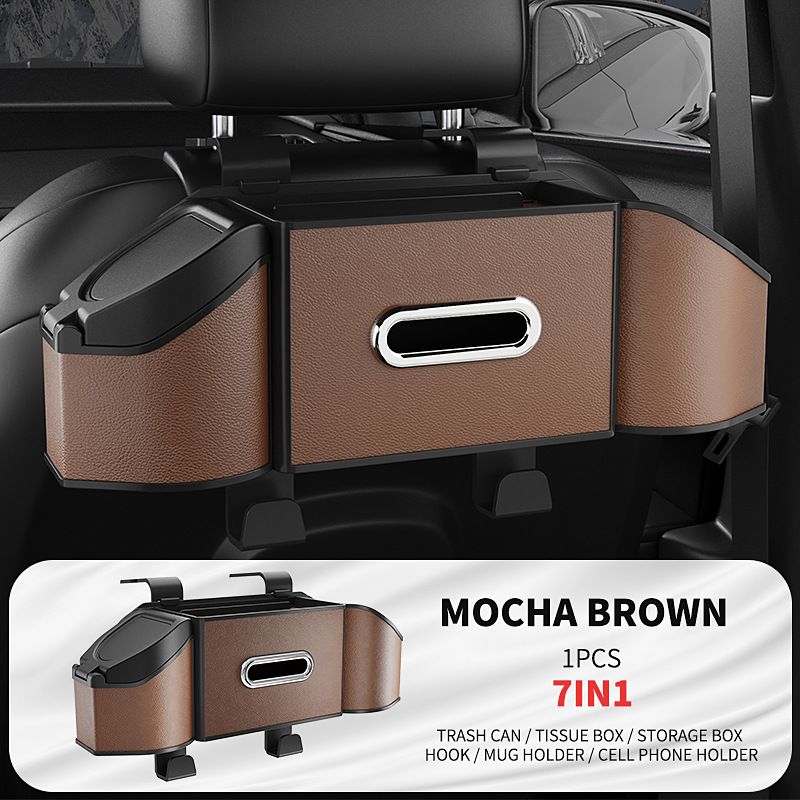 Mocha Brown Multifunctional Car Seat Back Storage Boxand Trash Can â€“ PVC Leather Vehicle Hanging Organizer with Tissue Box Holder, Cup Holder, Phone Stand and Dual Hooks for Tidy Daily Commuting & Road Trip