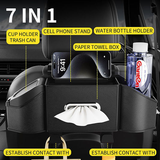 Mocha Brown Multifunctional Car Seat Back Storage Boxand Trash Can â€“ PVC Leather Vehicle Hanging Organizer with Tissue Box Holder, Cup Holder, Phone Stand and Dual Hooks for Tidy Daily Commuting & Road Trip