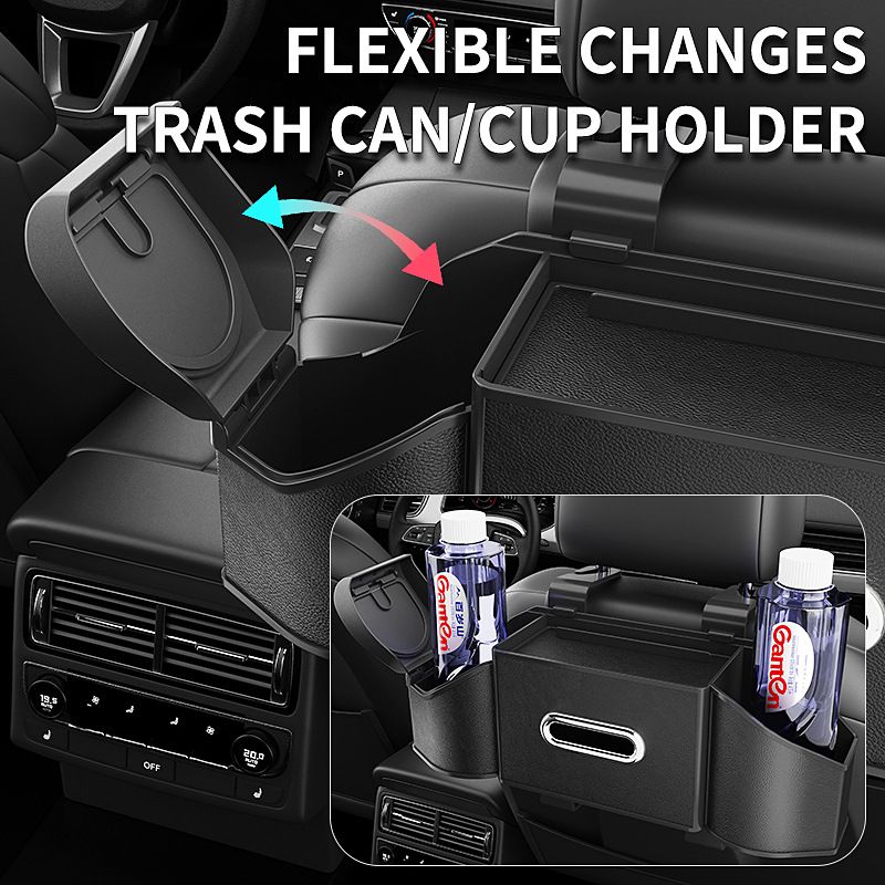 Mocha Brown Multifunctional Car Seat Back Storage Boxand Trash Can â€“ PVC Leather Vehicle Hanging Organizer with Tissue Box Holder, Cup Holder, Phone Stand and Dual Hooks for Tidy Daily Commuting & Road Trip