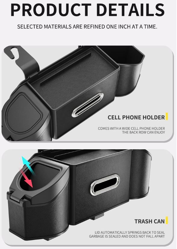 Mocha Brown Multifunctional Car Seat Back Storage Boxand Trash Can â€“ PVC Leather Vehicle Hanging Organizer with Tissue Box Holder, Cup Holder, Phone Stand and Dual Hooks for Tidy Daily Commuting & Road Trip