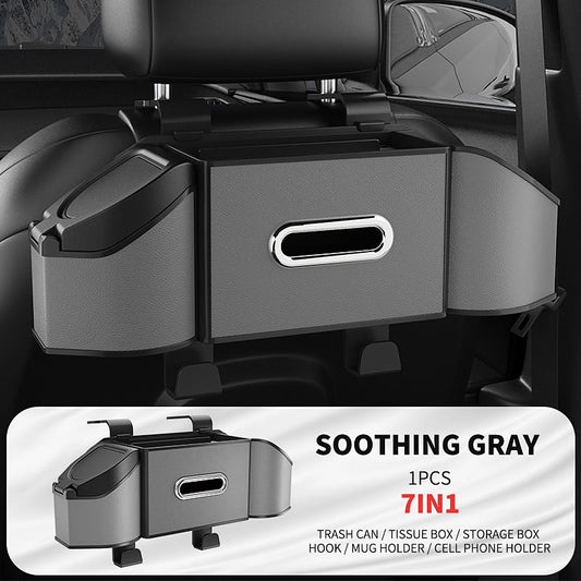 Soothing Gray Multifunctional Car Seat Back Storage Boxand Trash Can â€“ PVC Leather Vehicle Hanging Organizer with Tissue Box Holder, Cup Holder, Phone Stand and Dual Hooks for Tidy Daily Commuting & Road Trip