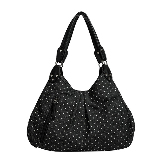 Vintage Polka Dot Handbag for Women with Fixed Shoulder Strap â€“ Large Capacity Stylish Casual Canvas Tote Bag, Multi Compartment Zipper Pockets, Structured Shape Design and Rivet Decoration