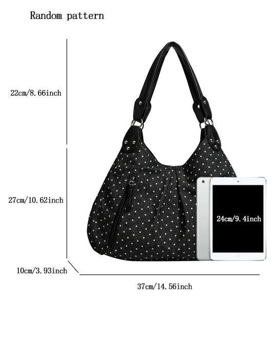 Vintage Polka Dot Handbag for Women with Fixed Shoulder Strap â€“ Large Capacity Stylish Casual Canvas Tote Bag, Multi Compartment Zipper Pockets, Structured Shape Design and Rivet Decoration
