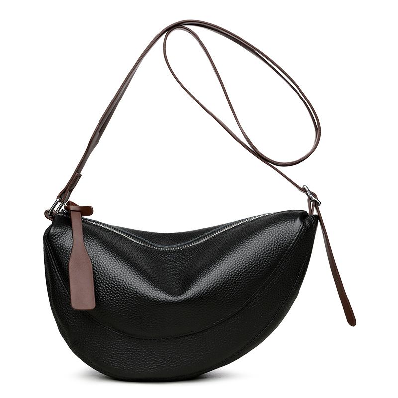 Black Stylish Genuine Leather Crescent Shape Shoulder Bag for Women â€“ Compact Grained Cowhide Adjustable Crossbody Handbag with Spacious Zipper Compartment and Leather Puller, 28 x 18 x 9 CM