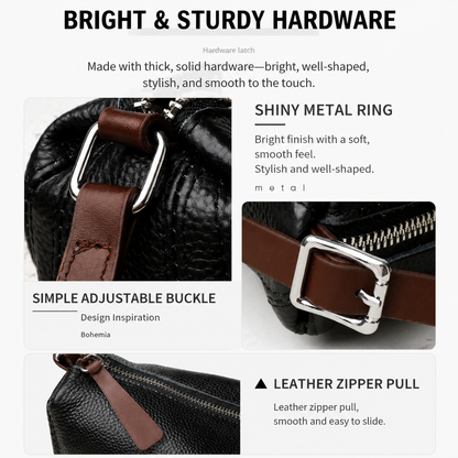 Black Stylish Genuine Leather Crescent Shape Shoulder Bag for Women â€“ Compact Grained Cowhide Adjustable Crossbody Handbag with Spacious Zipper Compartment and Leather Puller, 28 x 18 x 9 CM