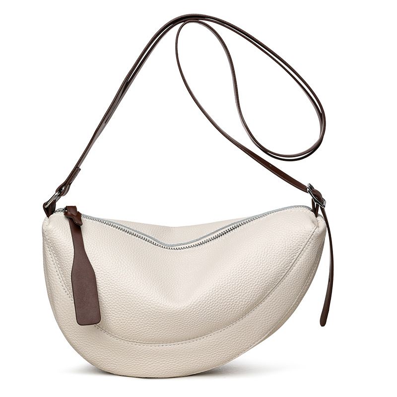 White Stylish Genuine Leather Crescent Shape Shoulder Bag for Women â€“ Compact Grained Cowhide Adjustable Crossbody Handbag with Spacious Zipper Compartment and Leather Puller, 28 x 18 x 9 CM