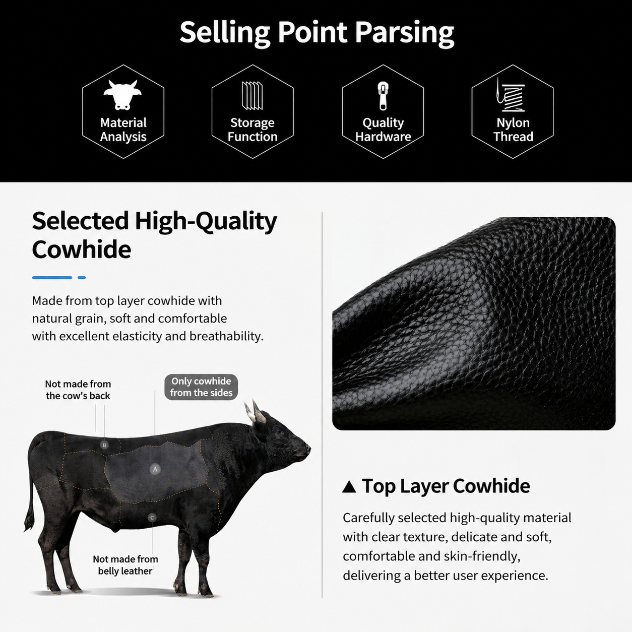 White Stylish Genuine Leather Crescent Shape Shoulder Bag for Women â€“ Compact Grained Cowhide Adjustable Crossbody Handbag with Spacious Zipper Compartment and Leather Puller, 28 x 18 x 9 CM