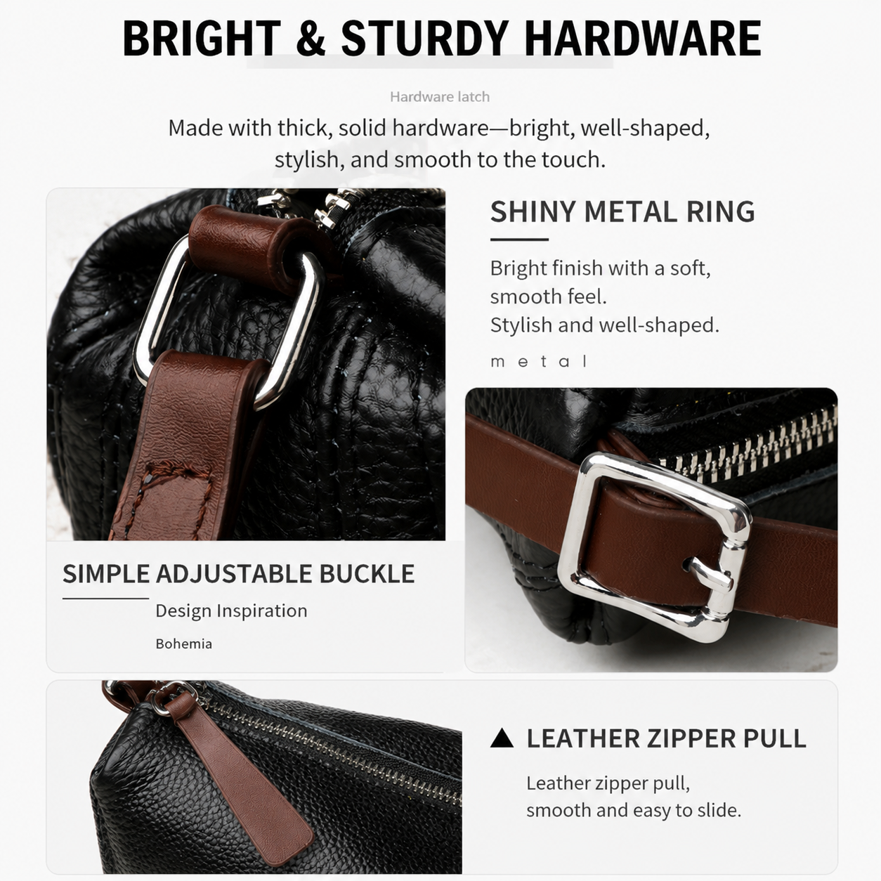White Stylish Genuine Leather Crescent Shape Shoulder Bag for Women â€“ Compact Grained Cowhide Adjustable Crossbody Handbag with Spacious Zipper Compartment and Leather Puller, 28 x 18 x 9 CM