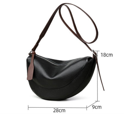 White Stylish Genuine Leather Crescent Shape Shoulder Bag for Women â€“ Compact Grained Cowhide Adjustable Crossbody Handbag with Spacious Zipper Compartment and Leather Puller, 28 x 18 x 9 CM