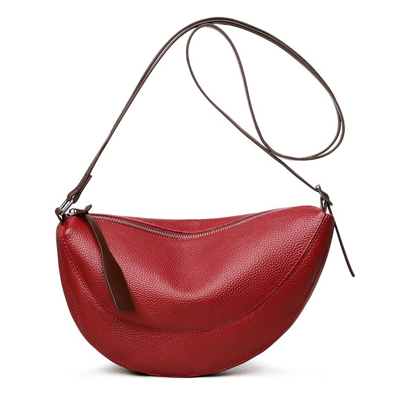 Red Stylish Genuine Leather Crescent Shape Shoulder Bag for Women â€“ Compact Grained Cowhide Adjustable Crossbody Handbag with Spacious Zipper Compartment and Leather Puller, 28 x 18 x 9 CM