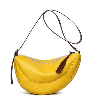 Yellow Stylish Genuine Leather Crescent Shape Shoulder Bag for Women â€“ Compact Grained Cowhide Adjustable Crossbody Handbag with Spacious Zipper Compartment and Leather Puller, 28 x 18 x 9 CM