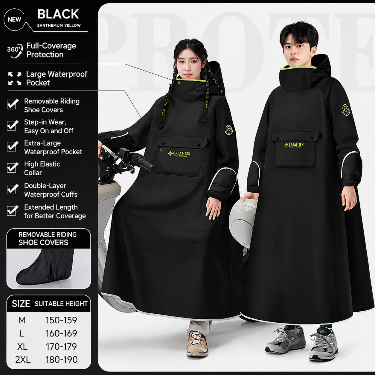 Black Full Coverage & Extended Cycling Hooded Rain Poncho with Detachable Shoe Covers, L Size â€“ Thickened Waterproof Oxford Motorcycle Raincoat with Face-Protection Elastic Collar, Large Storage Pocket and Foldable Sleeve Cover for Men Women Outdoor Use