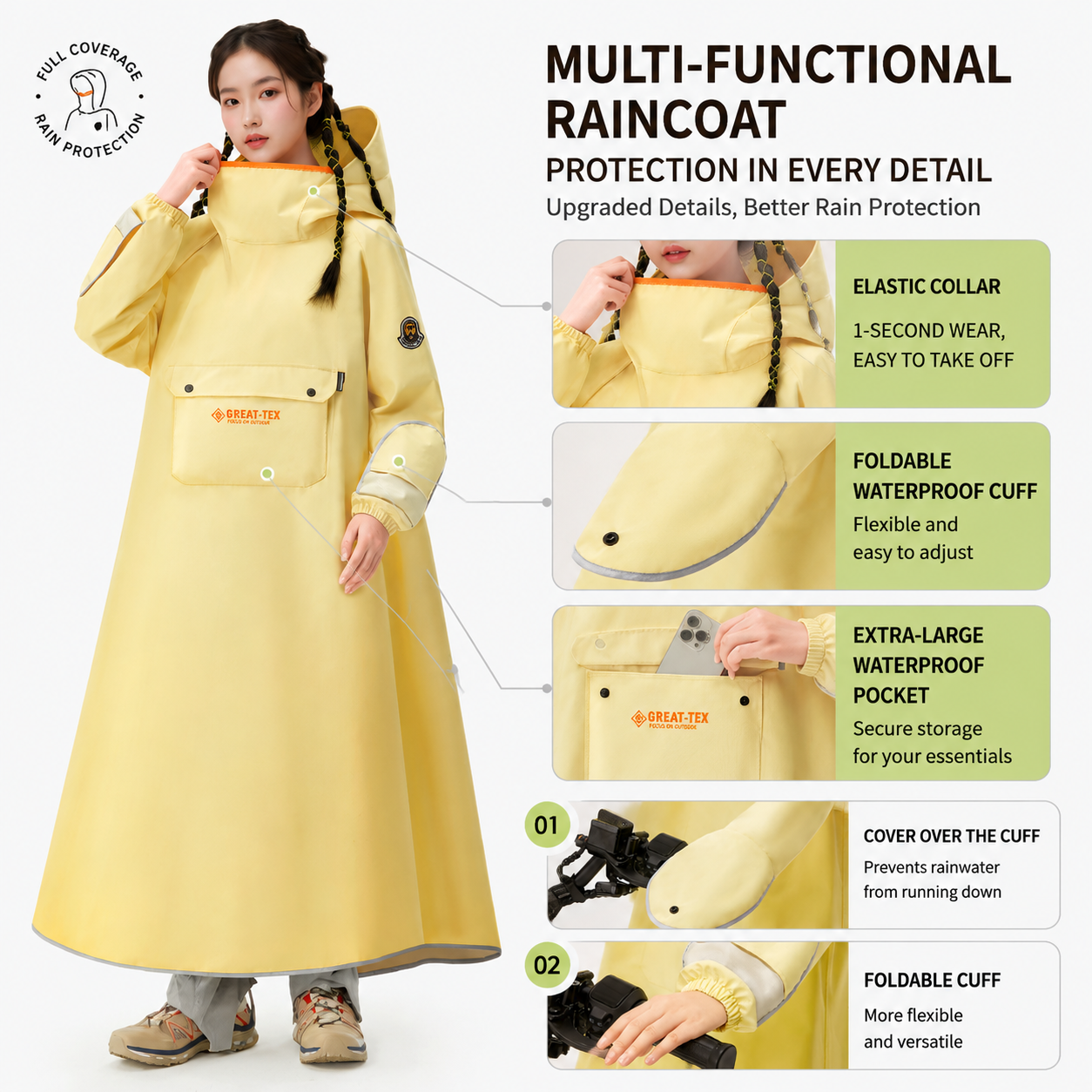 Black Full Coverage & Extended Cycling Hooded Rain Poncho with Detachable Shoe Covers, L Size â€“ Thickened Waterproof Oxford Motorcycle Raincoat with Face-Protection Elastic Collar, Large Storage Pocket and Foldable Sleeve Cover for Men Women Outdoor Use