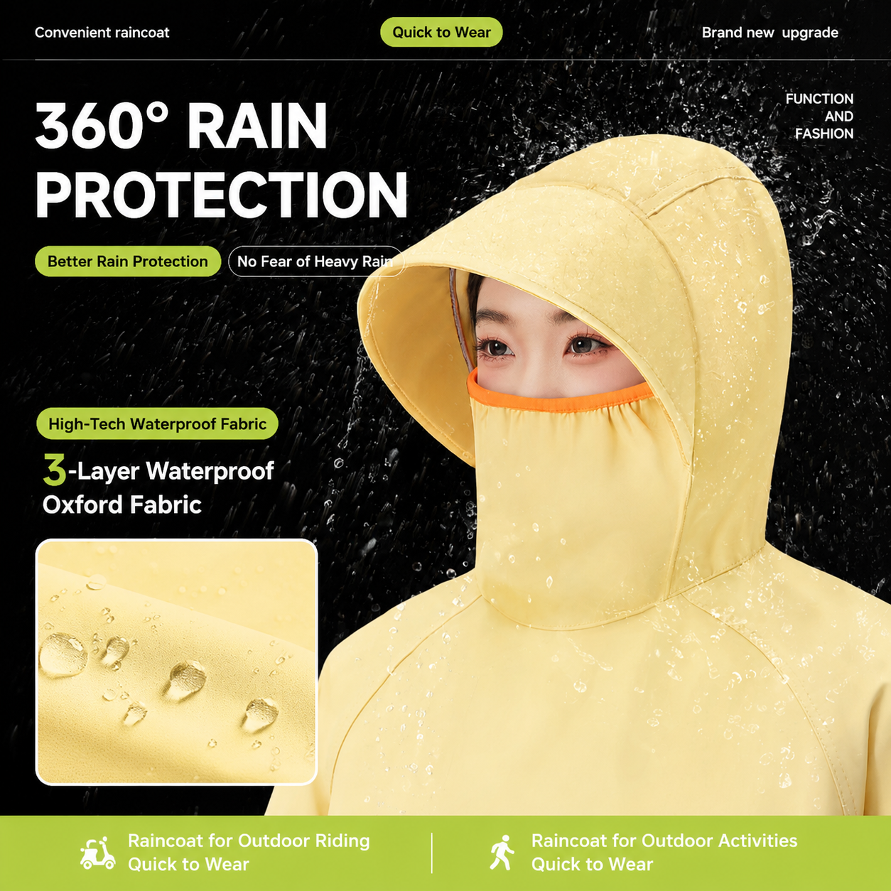 Black Full Coverage & Extended Cycling Hooded Rain Poncho with Detachable Shoe Covers, L Size â€“ Thickened Waterproof Oxford Motorcycle Raincoat with Face-Protection Elastic Collar, Large Storage Pocket and Foldable Sleeve Cover for Men Women Outdoor Use