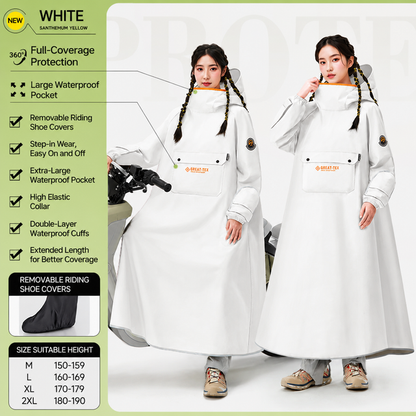 White Full Coverage & Extended Cycling Hooded Rain Poncho with Detachable Shoe Covers, M Size â€“ Thickened Waterproof Oxford Motorcycle Raincoat with Face-Protection Elastic Collar, Large Storage Pocket and Foldable Sleeve Cover for Men Women Outdoor Use