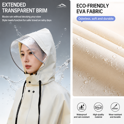 White Full-Cover Hooded EVA Raincoat, Long Trench Coat Waterproof Rain Poncho with Adjustable Waist & Collar Drawstring, Zipper & Snap Windproof Closure, Extended Clear Brim and Covered Pockets for Dailywear Cycling Hiking Camping Use, M Size