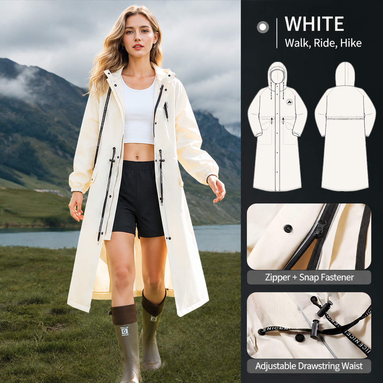 White Full-Cover Hooded EVA Raincoat, Long Trench Coat Waterproof Rain Poncho with Adjustable Waist & Collar Drawstring, Zipper & Snap Windproof Closure, Extended Clear Brim and Covered Pockets for Dailywear Cycling Hiking Camping Use, L Size