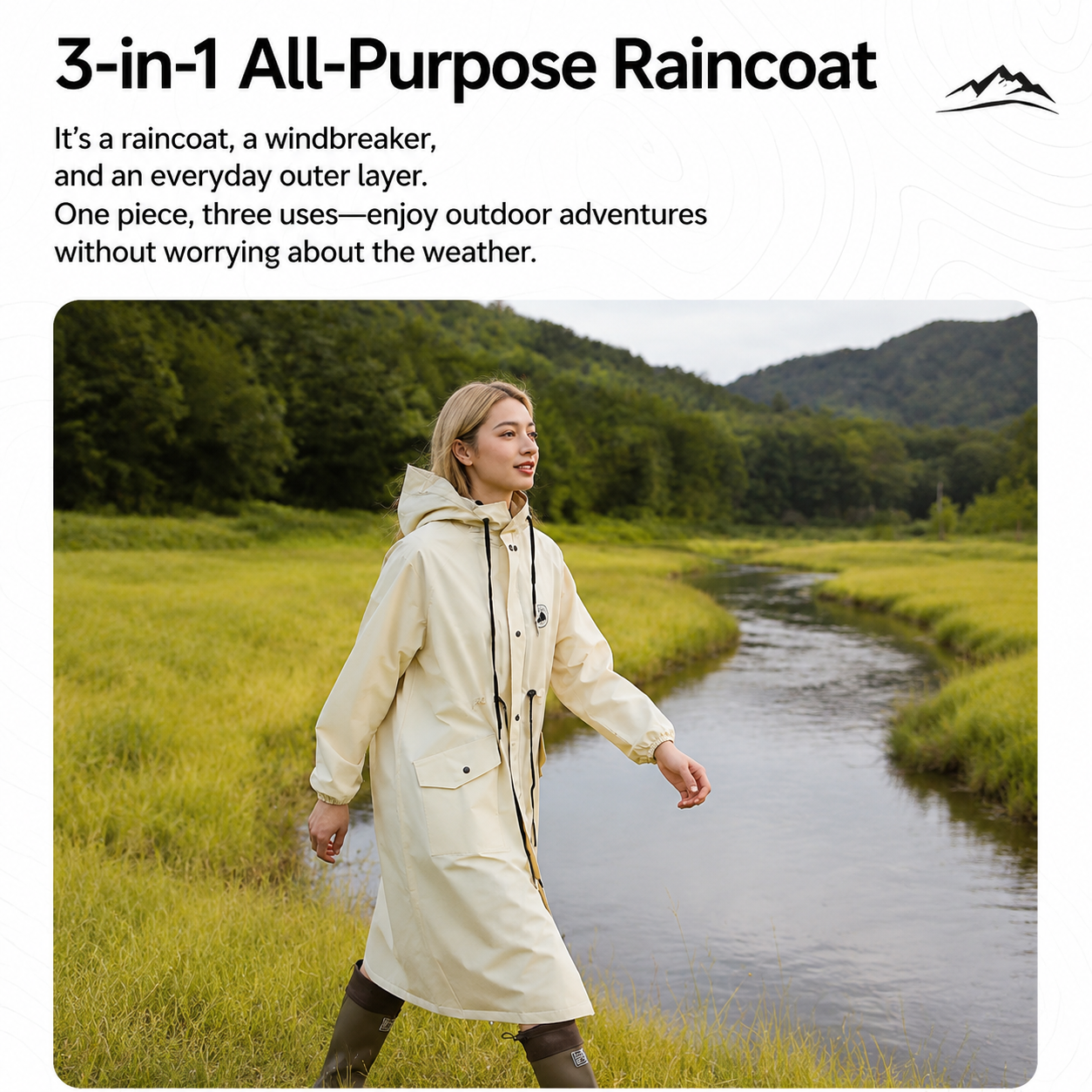 White Full-Cover Hooded EVA Raincoat, Long Trench Coat Waterproof Rain Poncho with Adjustable Waist & Collar Drawstring, Zipper & Snap Windproof Closure, Extended Clear Brim and Covered Pockets for Dailywear Cycling Hiking Camping Use, L Size
