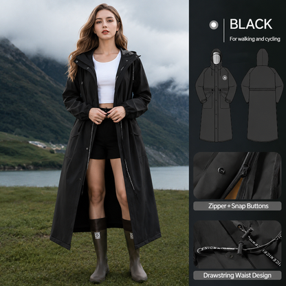 Black Full-Cover Hooded EVA Raincoat, Long Trench Coat Waterproof Rain Poncho with Adjustable Waist & Collar Drawstring, Zipper & Snap Windproof Closure, Extended Clear Brim and Covered Pockets for Dailywear Cycling Hiking Camping Use, L Size