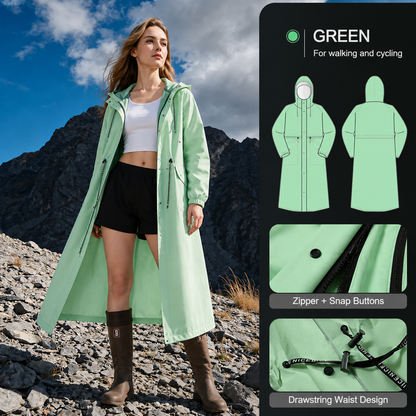 Green Full-Cover Hooded EVA Raincoat, Long Trench Coat Waterproof Windproof Rain Poncho with Adjustable Waist & Collar Drawstring, Extended Clear Brim and Covered Pockets for Dailywear Cycling Hiking Camping Use, M Size