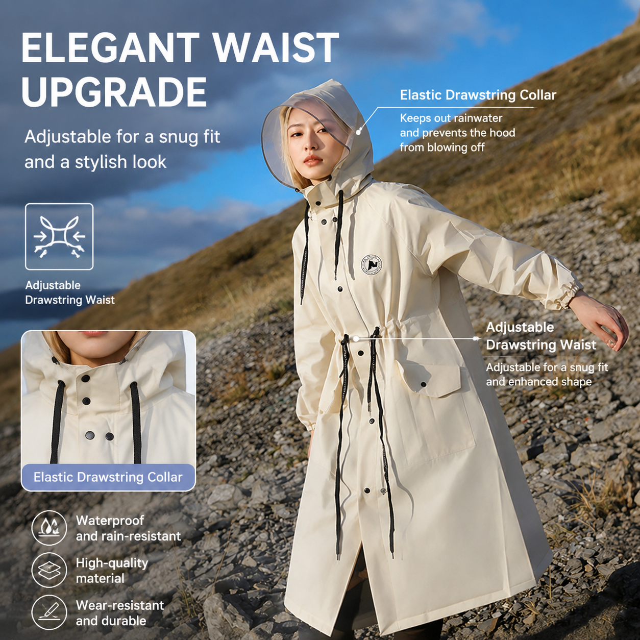 Green Full-Cover Hooded EVA Raincoat, Long Trench Coat Waterproof Windproof Rain Poncho with Adjustable Waist & Collar Drawstring, Extended Clear Brim and Covered Pockets for Dailywear Cycling Hiking Camping Use, XL Size