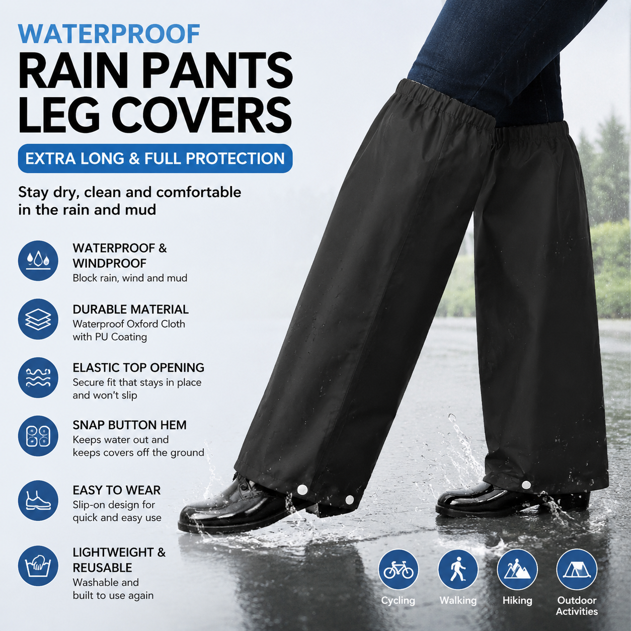 Black Waterproof Rain Leg Covers and Long Half Rain Pants, Quick Pull-On with Adjustable Elastic Top & Snap Closure Cuffs â€“ Lightweight & Reusable, Windproof & Mudproof for Commuting, Cycling, Garden and Outdoor Activities (1 Pair 3XL)